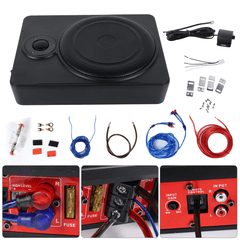 Aktiv Subwoofer 10" 600 W compact design with installation components and wiring instructions