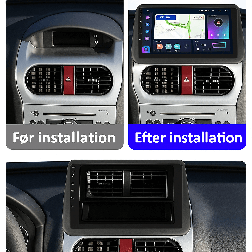 Opel Combo/Corsa/Tigra 01-11 - 9" Radio m. Apple CarPlay og Android Auto før og efter installation