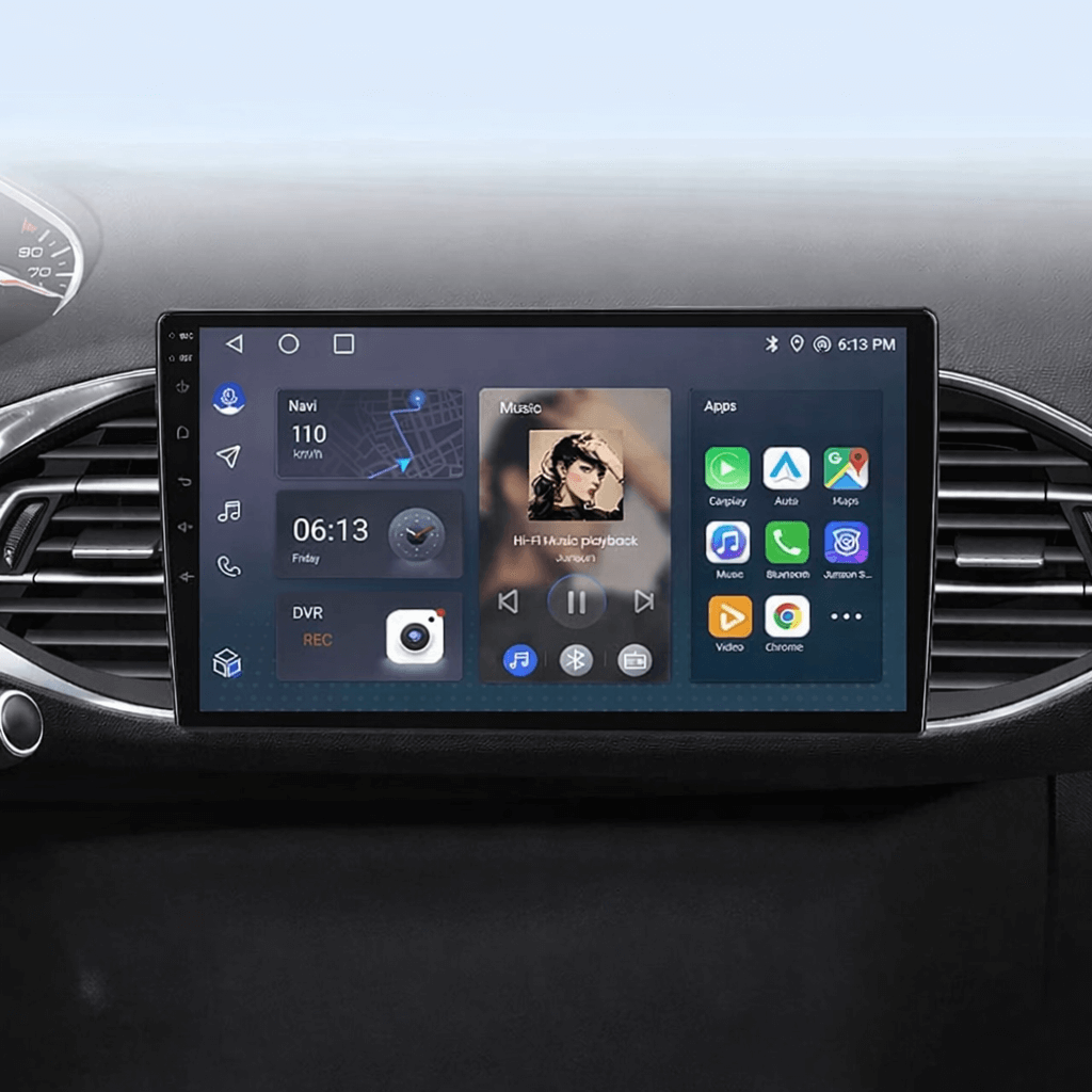 Peugeot 308 13-21 - 9" Radio m. Apple CarPlay og Android Auto i bilens instrumentbræt.