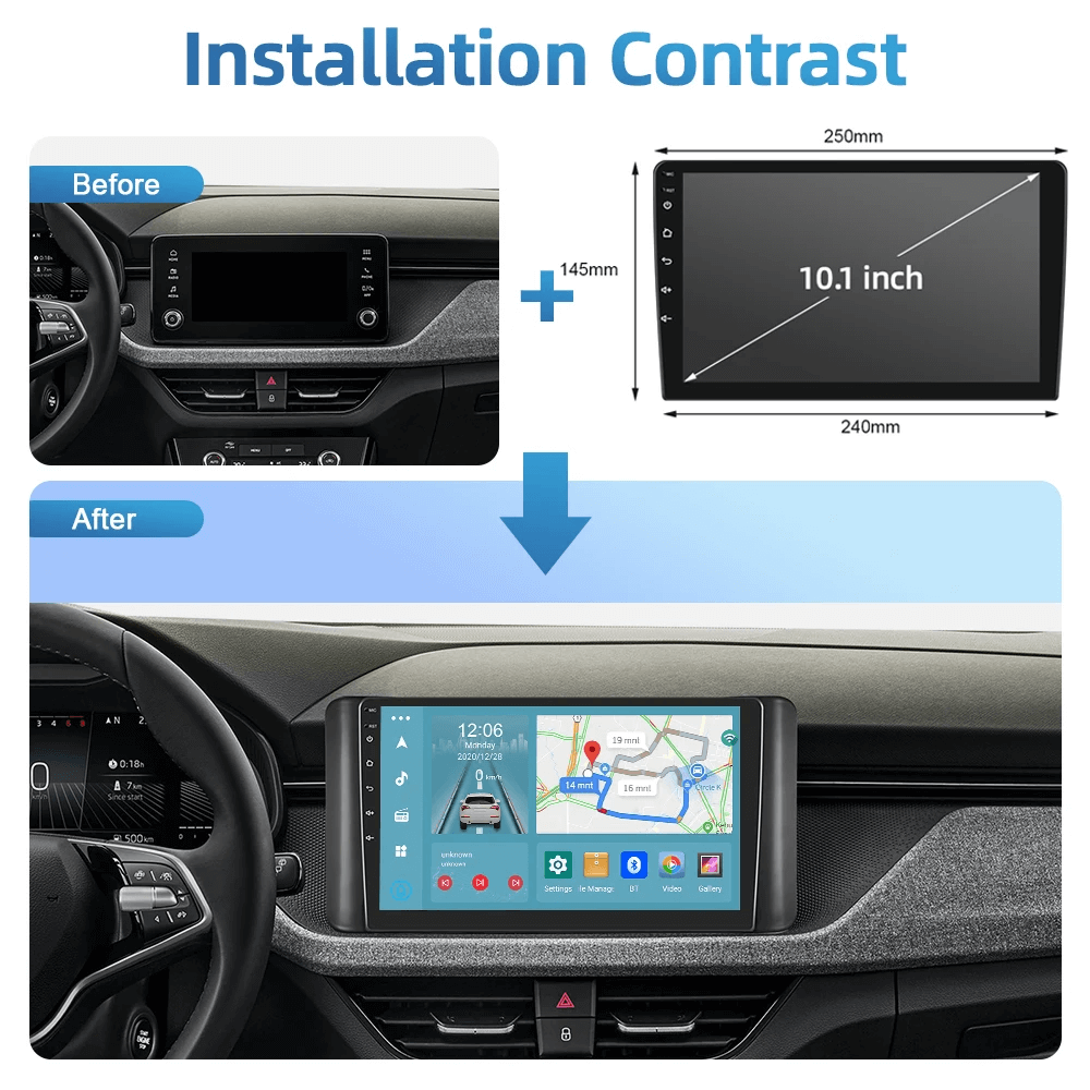 Installation contrast showing before and after upgrading to VW Polo/Skoda Scala/Skoda Kamiq 20-25 – 10,1" Radio med Apple CarPlay og Android Auto.